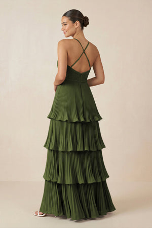 Tiered Pleated V - Neck A - Line Chiffon Bridesmaid Dress in Olive - KISS BRIDAL Bridesmaid Dresses