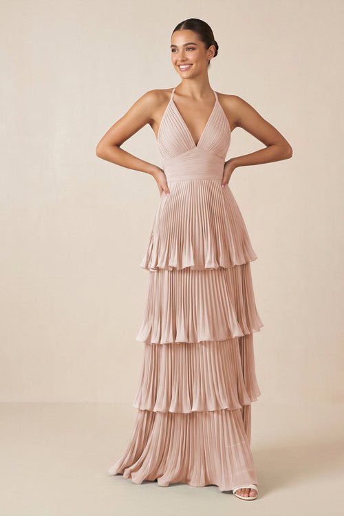 Tiered Pleated V - Neck A - Line Chiffon Bridesmaid Dress in Pale Blush - KISS BRIDAL Bridesmaid Dresses