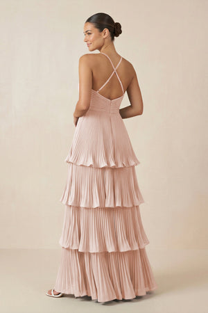 Tiered Pleated V - Neck A - Line Chiffon Bridesmaid Dress in Pale Blush - KISS BRIDAL Bridesmaid Dresses