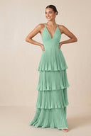 Tiered Pleated V - Neck A - Line Chiffon Bridesmaid Dress in Pale Pistachio - KISS BRIDAL Bridesmaid Dresses