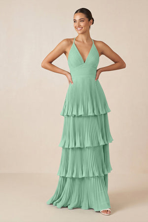 Tiered Pleated V - Neck A - Line Chiffon Bridesmaid Dress in Pale Pistachio - KISS BRIDAL Bridesmaid Dresses