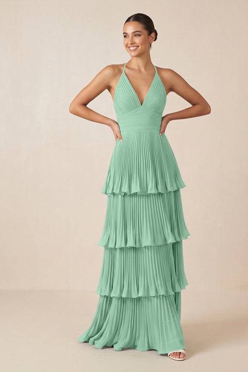Tiered Pleated V - Neck A - Line Chiffon Bridesmaid Dress in Pale Pistachio - KISS BRIDAL Bridesmaid Dresses