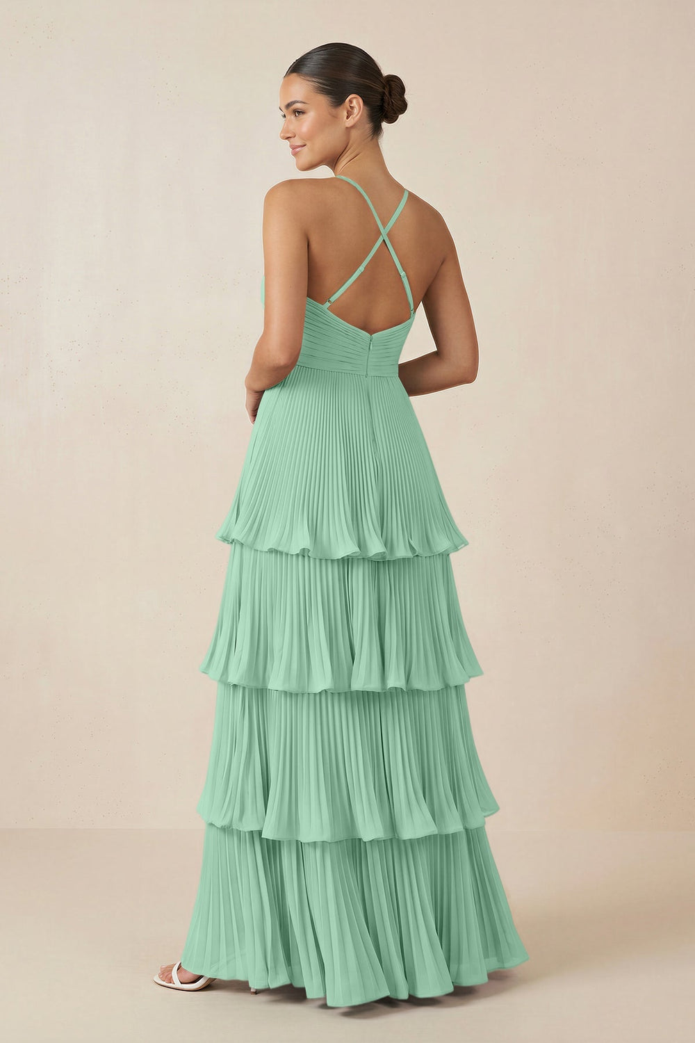 Tiered Pleated V - Neck A - Line Chiffon Bridesmaid Dress in Pale Pistachio - KISS BRIDAL Bridesmaid Dresses
