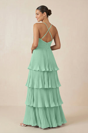 Tiered Pleated V - Neck A - Line Chiffon Bridesmaid Dress in Pale Pistachio - KISS BRIDAL Bridesmaid Dresses