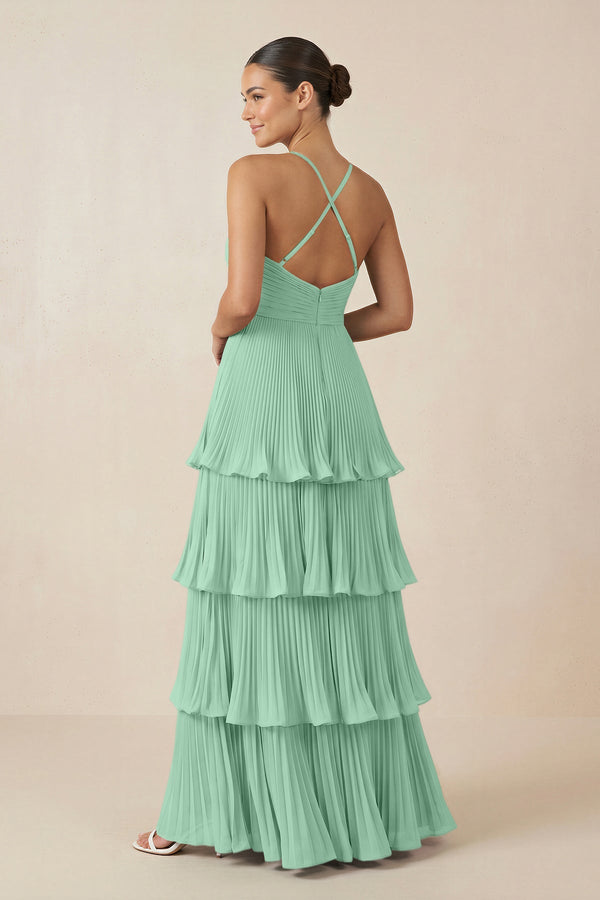 Tiered Pleated V - Neck A - Line Chiffon Bridesmaid Dress in Pale Pistachio - KISS BRIDAL Bridesmaid Dresses
