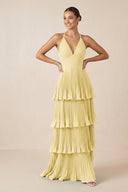 Tiered Pleated V - Neck A - Line Chiffon Bridesmaid Dress in Pastel Yellow - KISS BRIDAL Bridesmaid Dresses