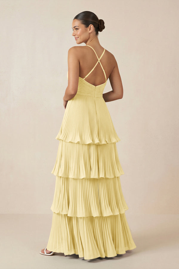 Tiered Pleated V - Neck A - Line Chiffon Bridesmaid Dress in Pastel Yellow - KISS BRIDAL Bridesmaid Dresses