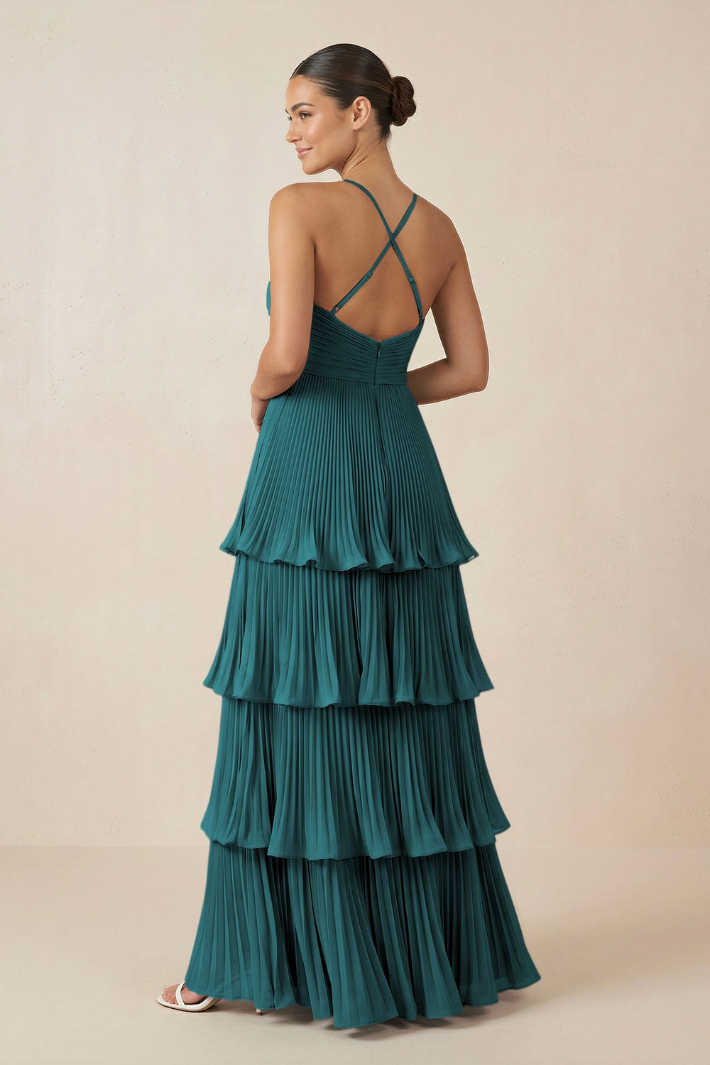 Tiered Pleated V - Neck A - Line Chiffon Bridesmaid Dress in Pine - KISS BRIDAL Bridesmaid Dresses