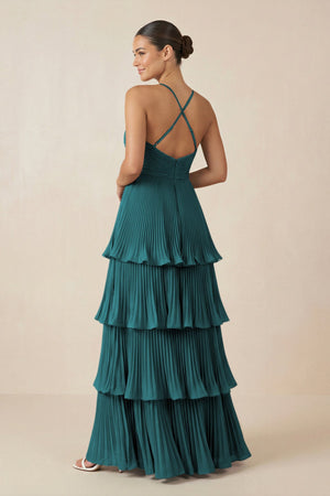 Tiered Pleated V - Neck A - Line Chiffon Bridesmaid Dress in Pine - KISS BRIDAL Bridesmaid Dresses