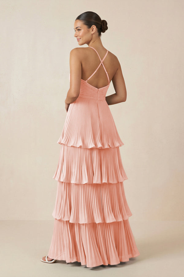 Tiered Pleated V - Neck A - Line Chiffon Bridesmaid Dress in Rose Petal - KISS BRIDAL Bridesmaid Dresses