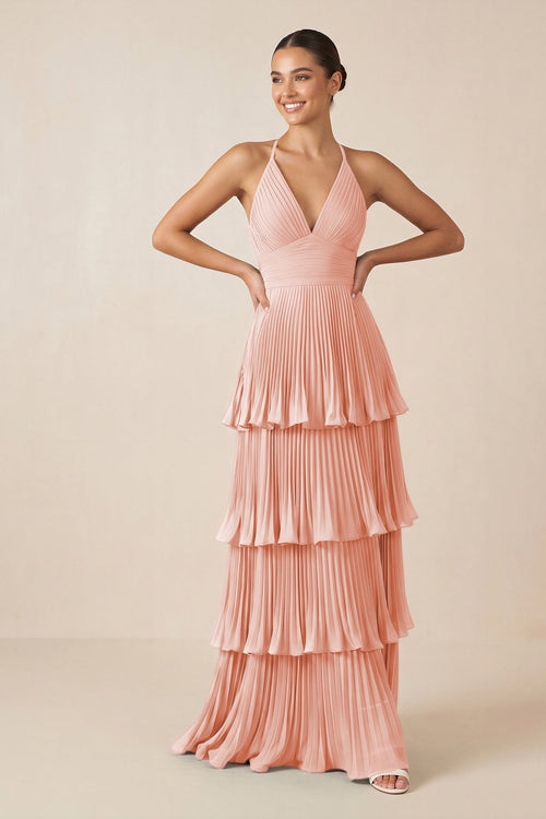 Tiered Pleated V - Neck A - Line Chiffon Bridesmaid Dress in Rose Petal - KISS BRIDAL Bridesmaid Dresses