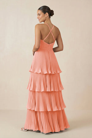 Tiered Pleated V - Neck A - Line Chiffon Bridesmaid Dress in Rosette - KISS BRIDAL Bridesmaid Dresses