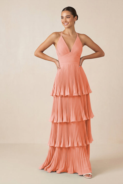 Tiered Pleated V - Neck A - Line Chiffon Bridesmaid Dress in Rosette - KISS BRIDAL Bridesmaid Dresses