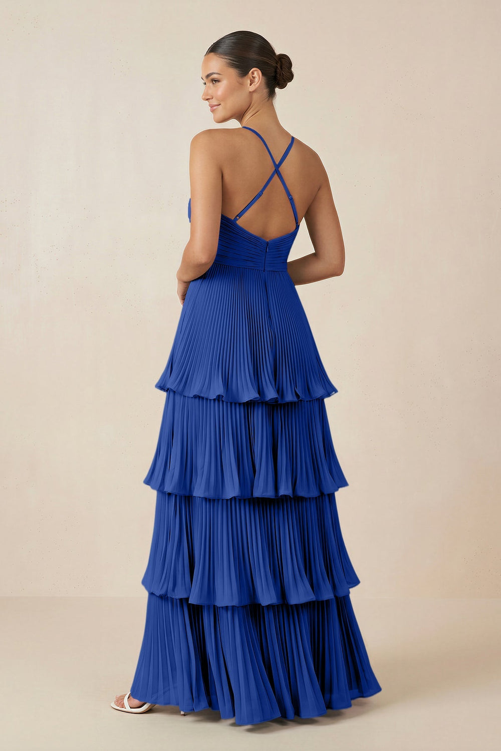Tiered Pleated V - Neck A - Line Chiffon Bridesmaid Dress in Royal Blue - KISS BRIDAL Bridesmaid Dresses