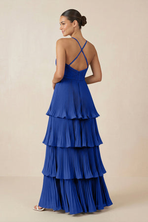 Tiered Pleated V - Neck A - Line Chiffon Bridesmaid Dress in Royal Blue - KISS BRIDAL Bridesmaid Dresses