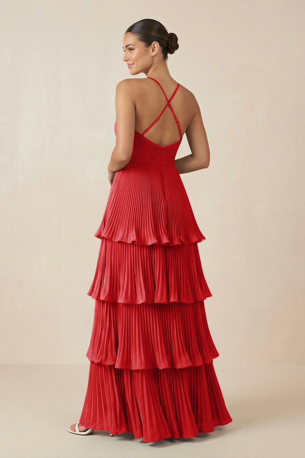 Tiered Pleated V - Neck A - Line Chiffon Bridesmaid Dress in Ruby Red - KISS BRIDAL Bridesmaid Dresses