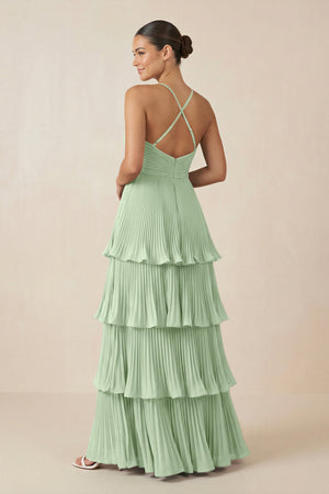 Tiered Pleated V - Neck A - Line Chiffon Bridesmaid Dress in Sage - KISS BRIDAL Bridesmaid Dresses