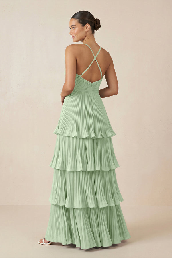 Tiered Pleated V - Neck A - Line Chiffon Bridesmaid Dress in Sage - KISS BRIDAL Bridesmaid Dresses
