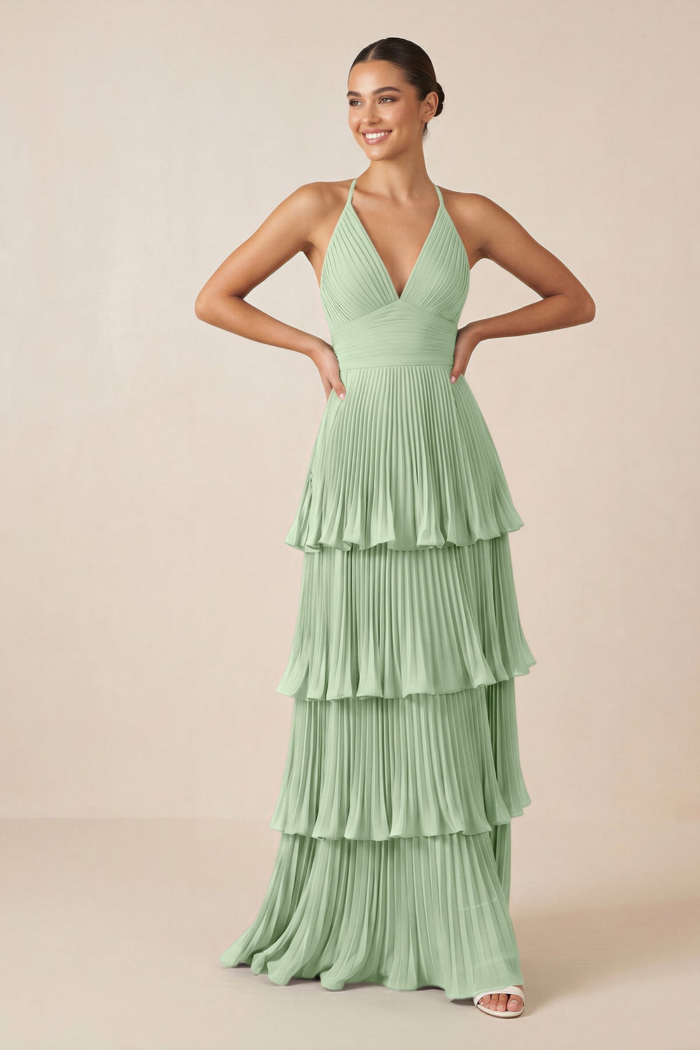 Tiered Pleated V - Neck A - Line Chiffon Bridesmaid Dress in Sage - KISS BRIDAL Bridesmaid Dresses