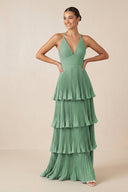 Tiered Pleated V - Neck A - Line Chiffon Bridesmaid Dress in Sea Glass - KISS BRIDAL Bridesmaid Dresses