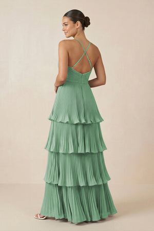 Tiered Pleated V - Neck A - Line Chiffon Bridesmaid Dress in Sea Glass - KISS BRIDAL Bridesmaid Dresses