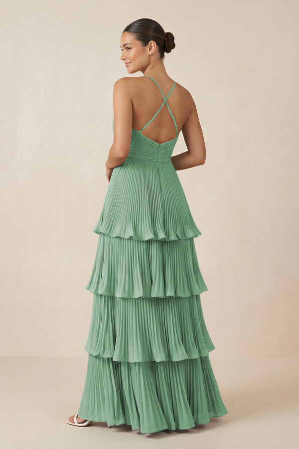 Tiered Pleated V - Neck A - Line Chiffon Bridesmaid Dress in Sea Glass - KISS BRIDAL Bridesmaid Dresses