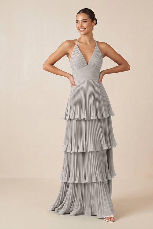Tiered Pleated V - Neck A - Line Chiffon Bridesmaid Dress in Silver - KISS BRIDAL Bridesmaid Dresses