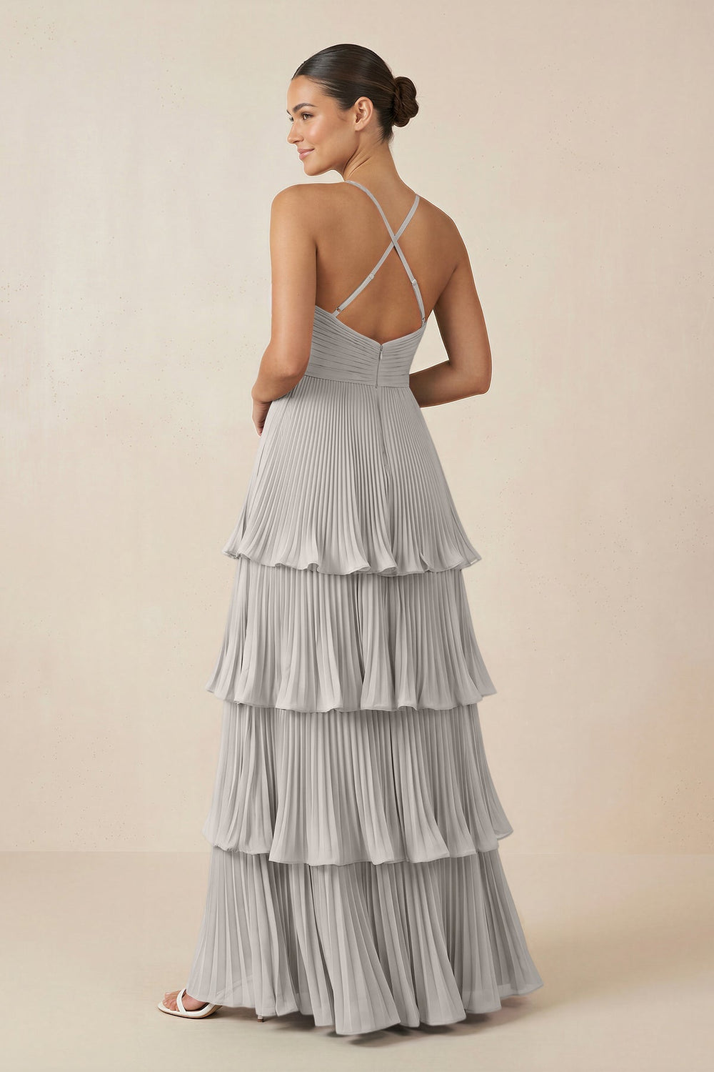 Tiered Pleated V - Neck A - Line Chiffon Bridesmaid Dress in Silver - KISS BRIDAL Bridesmaid Dresses
