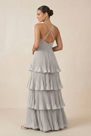 Tiered Pleated V - Neck A - Line Chiffon Bridesmaid Dress in Silver - KISS BRIDAL Bridesmaid Dresses