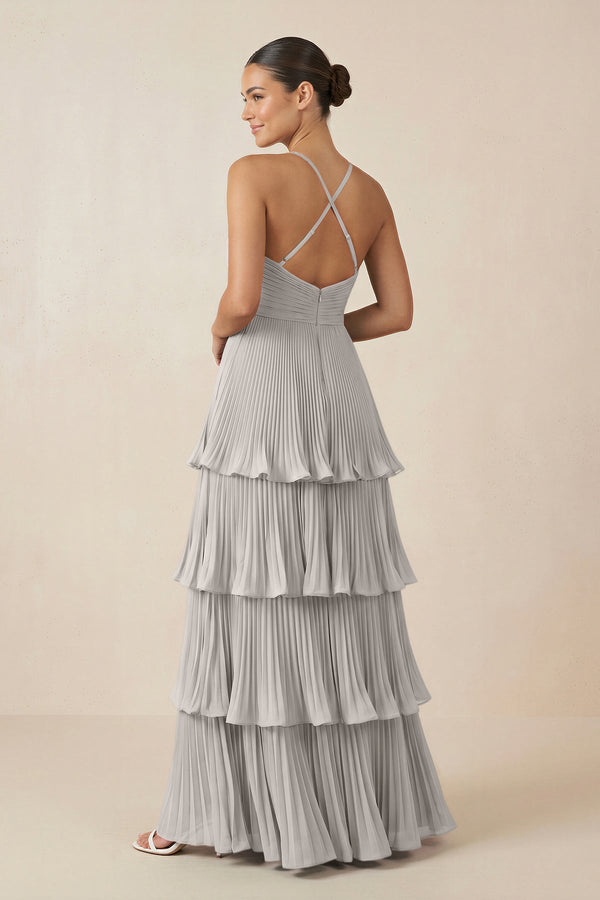 Tiered Pleated V - Neck A - Line Chiffon Bridesmaid Dress in Silver - KISS BRIDAL Bridesmaid Dresses