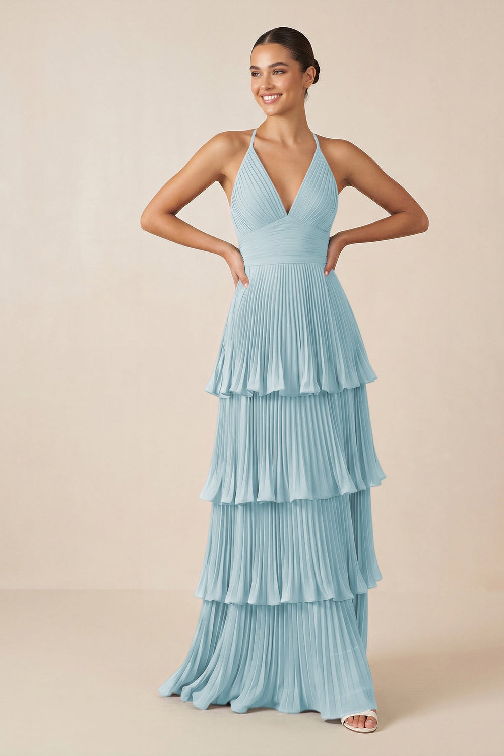 Tiered Pleated V - Neck A - Line Chiffon Bridesmaid Dress in Sky Blue - KISS BRIDAL Bridesmaid Dresses