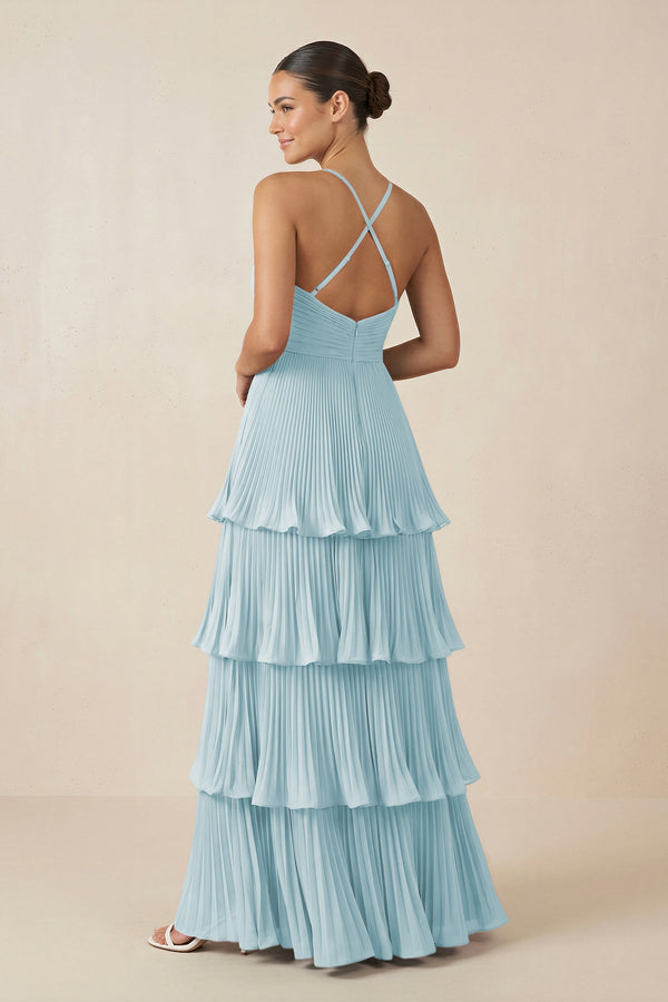 Tiered Pleated V - Neck A - Line Chiffon Bridesmaid Dress in Sky Blue - KISS BRIDAL Bridesmaid Dresses