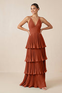 Tiered Pleated V - Neck A - Line Chiffon Bridesmaid Dress in Spice - KISS BRIDAL Bridesmaid Dresses