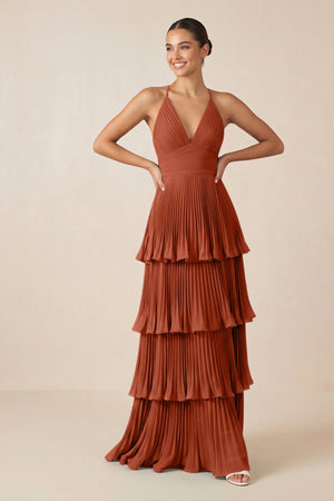 Tiered Pleated V - Neck A - Line Chiffon Bridesmaid Dress in Spice - KISS BRIDAL Bridesmaid Dresses