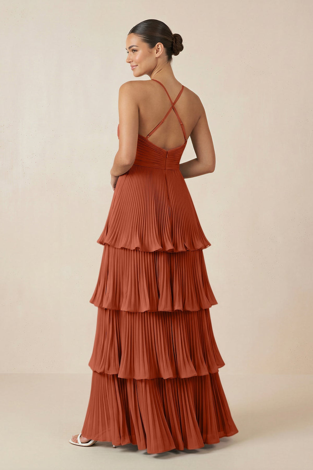 Tiered Pleated V - Neck A - Line Chiffon Bridesmaid Dress in Spice - KISS BRIDAL Bridesmaid Dresses