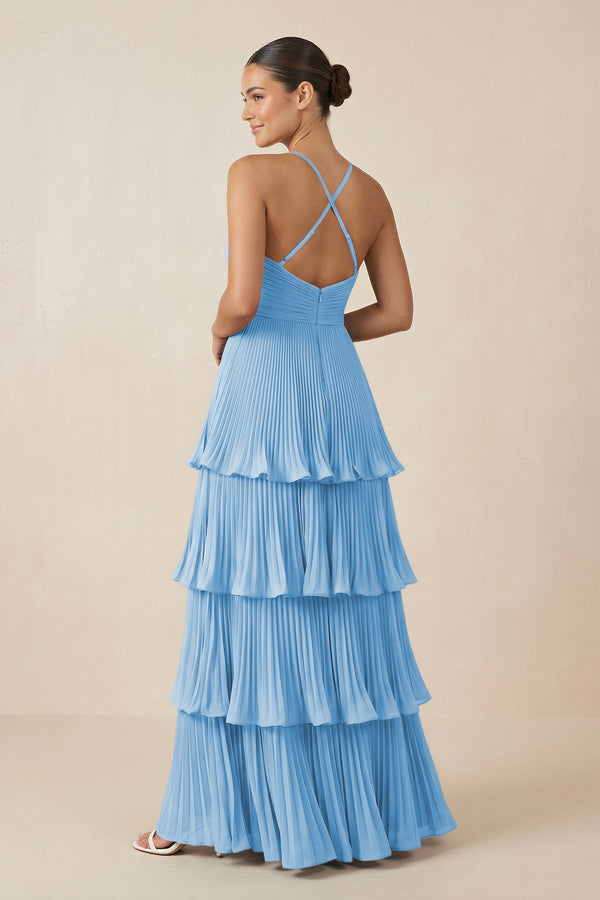 Tiered Pleated V - Neck A - Line Chiffon Bridesmaid Dress in Steel Blue - KISS BRIDAL Bridesmaid Dresses