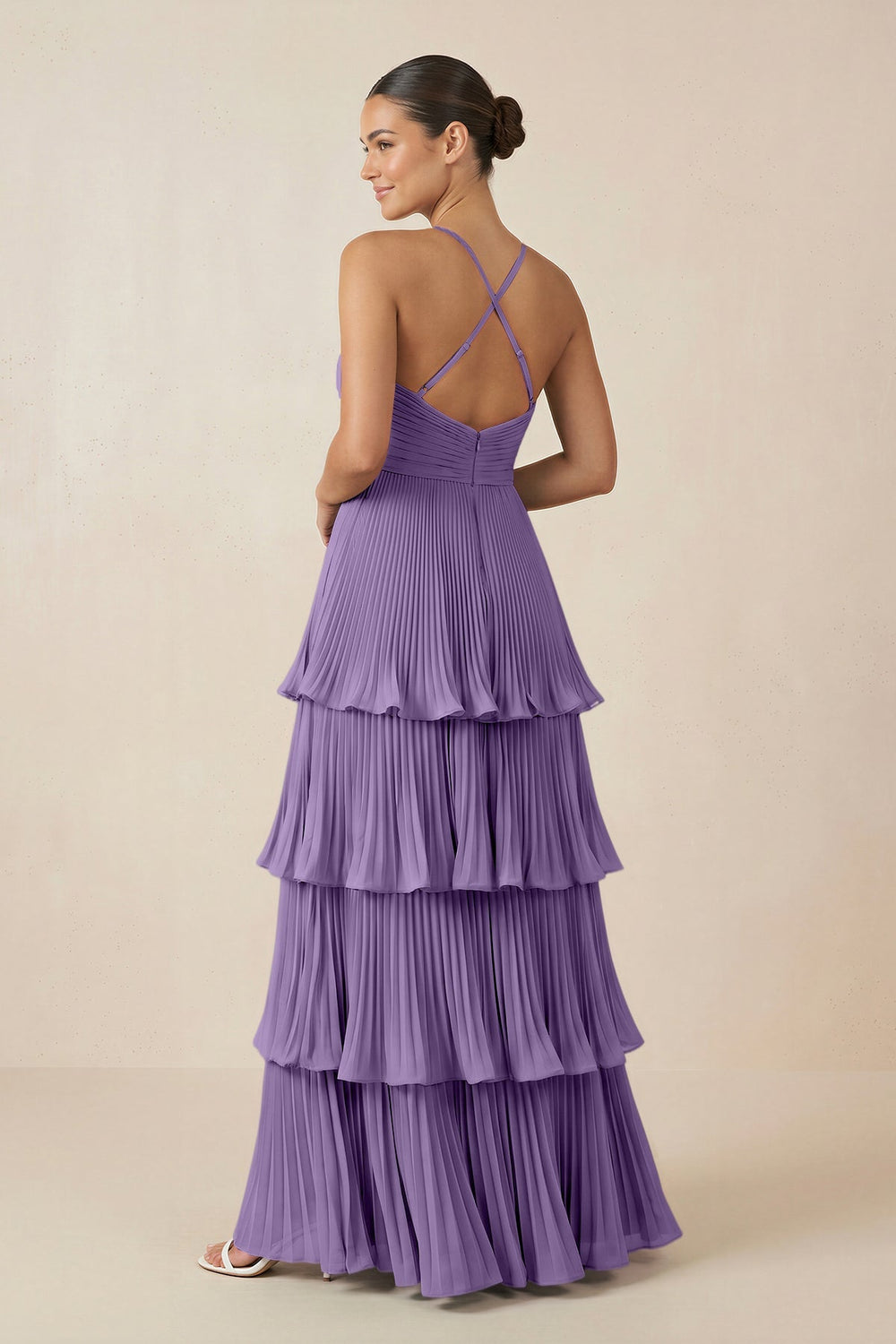 Tiered Pleated V - Neck A - Line Chiffon Bridesmaid Dress in Tahiti - KISS BRIDAL Bridesmaid Dresses