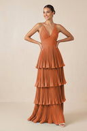 Tiered Pleated V - Neck A - Line Chiffon Bridesmaid Dress in Terracotta - KISS BRIDAL Bridesmaid Dresses