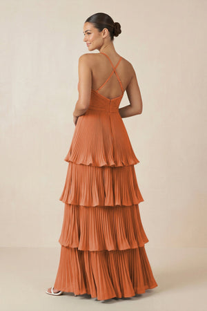 Tiered Pleated V - Neck A - Line Chiffon Bridesmaid Dress in Terracotta - KISS BRIDAL Bridesmaid Dresses