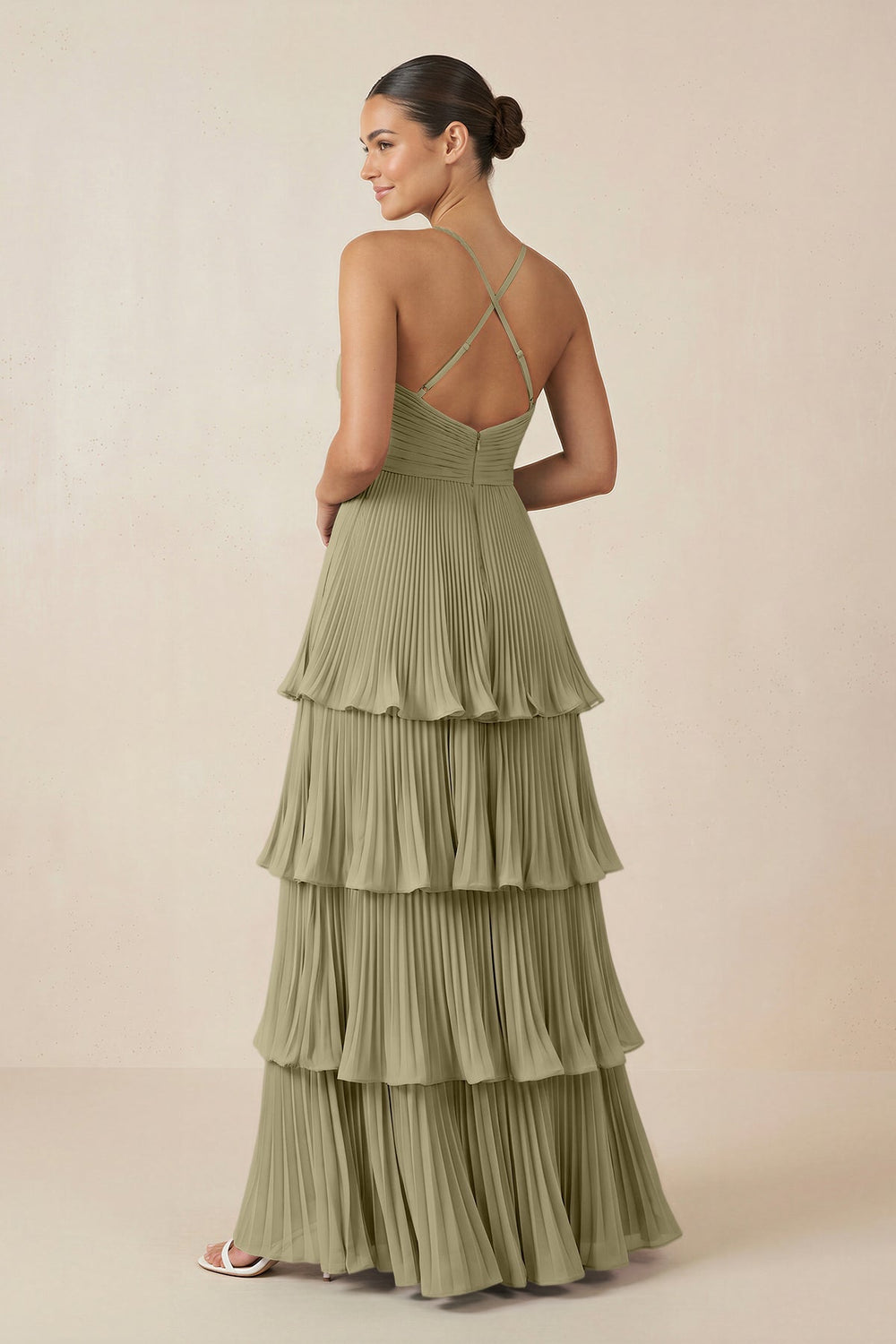 Tiered Pleated V - Neck A - Line Chiffon Bridesmaid Dress in Thyme - KISS BRIDAL Bridesmaid Dresses