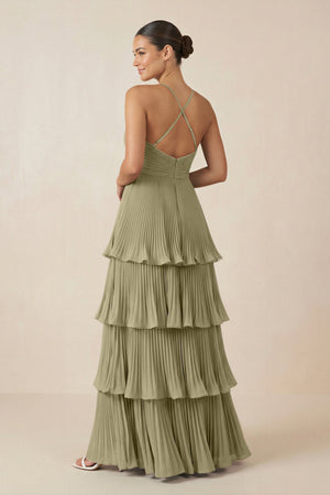 Tiered Pleated V - Neck A - Line Chiffon Bridesmaid Dress in Thyme - KISS BRIDAL Bridesmaid Dresses