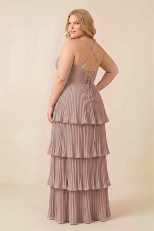 Tiered Pleated V-Neck A-Line Chiffon Bridesmaid Dress in Toffee (2) [sizeplus] | KISSBRIDAL