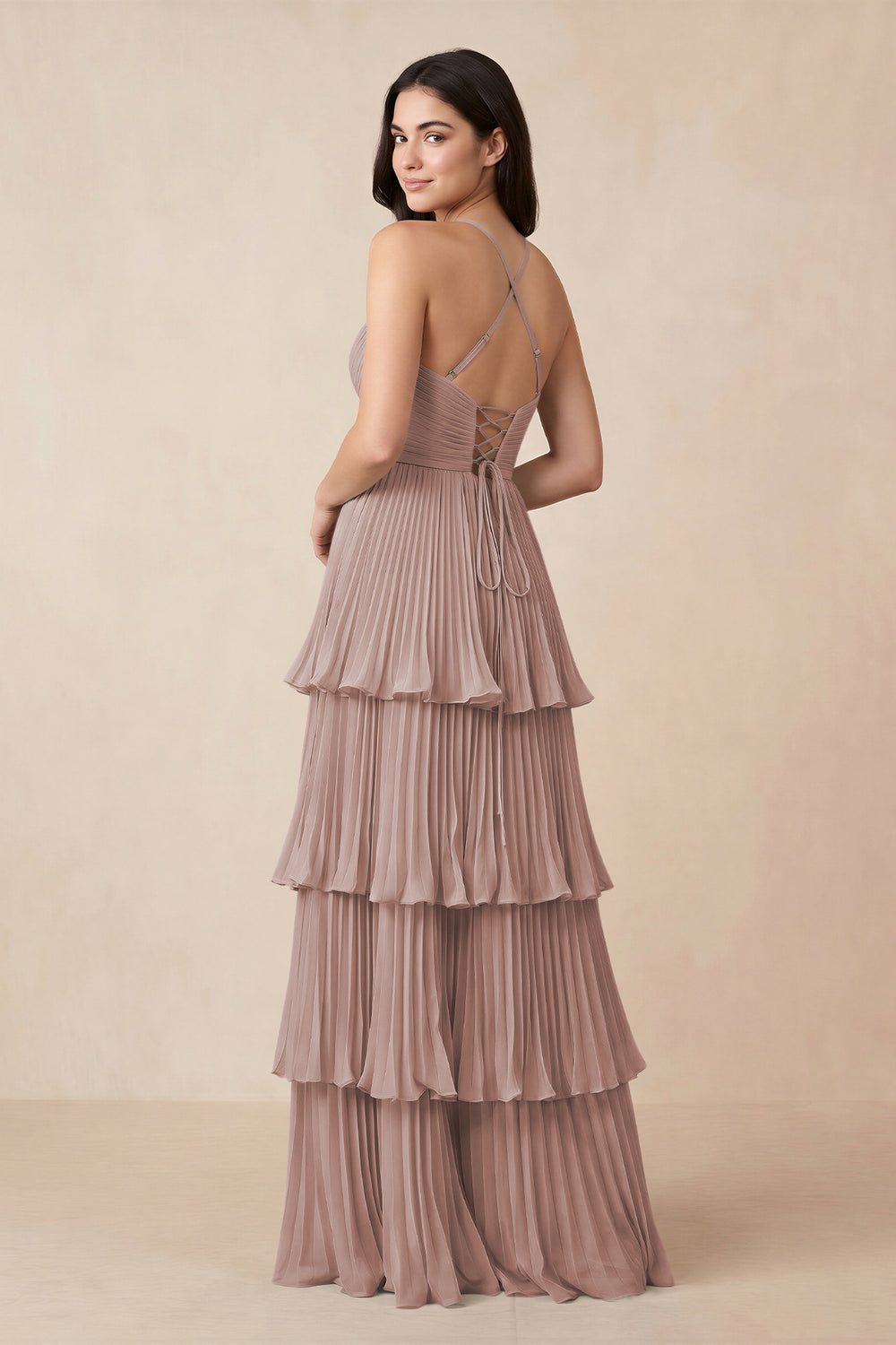 Tiered Pleated V-Neck A-Line Chiffon Bridesmaid Dress in Toffee