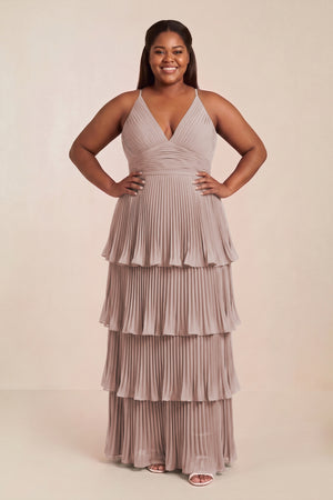 Tiered Pleated V-Neck A-Line Chiffon Bridesmaid Dress in Toffee (3) [sizeplus] | KISSBRIDAL