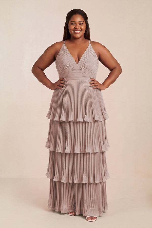 Tiered Pleated V-Neck A-Line Chiffon Bridesmaid Dress in Toffee (3) [sizeplus] | KISSBRIDAL