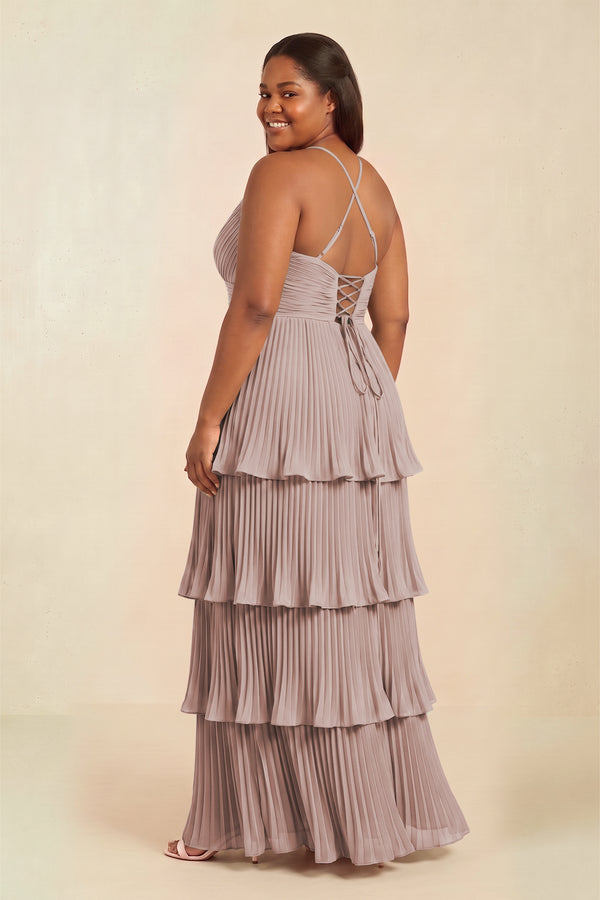 Tiered Pleated V-Neck A-Line Chiffon Bridesmaid Dress in Toffee (4) [sizeplus] | KISSBRIDAL