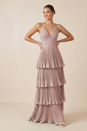 Tiered Pleated V - Neck A - Line Chiffon Bridesmaid Dress in Toffee - KISS BRIDAL Bridesmaid Dresses