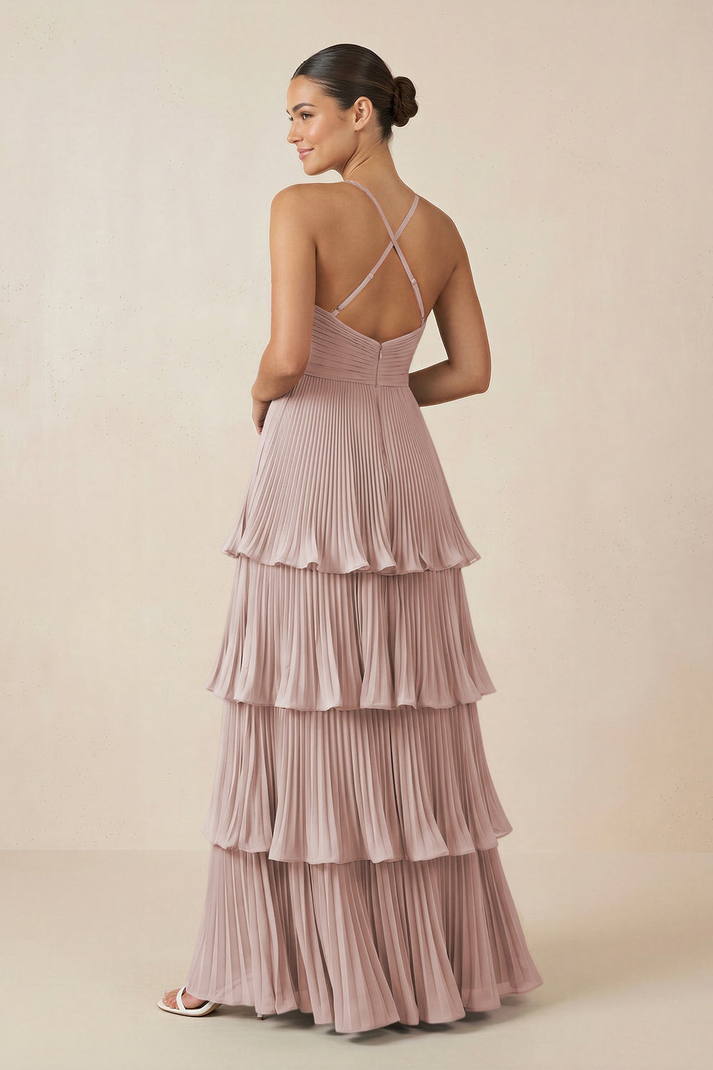 Tiered Pleated V - Neck A - Line Chiffon Bridesmaid Dress in Toffee - KISS BRIDAL Bridesmaid Dresses