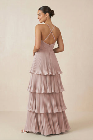 Tiered Pleated V - Neck A - Line Chiffon Bridesmaid Dress in Toffee - KISS BRIDAL Bridesmaid Dresses