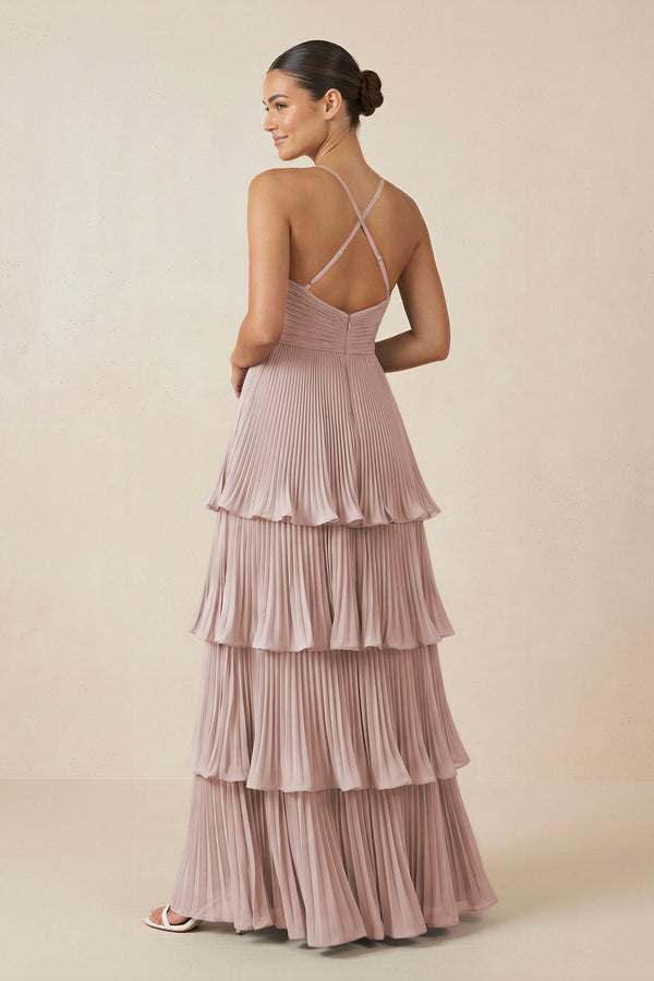 Tiered Pleated V - Neck A - Line Chiffon Bridesmaid Dress in Toffee - KISS BRIDAL Bridesmaid Dresses